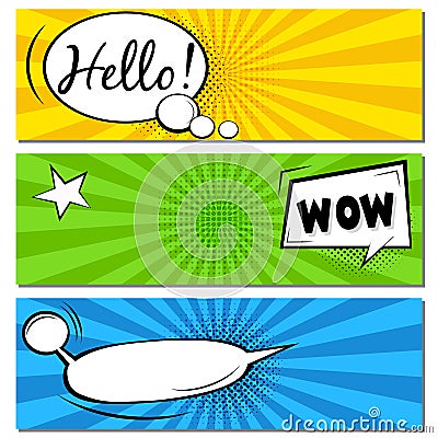 Hello! WOW! Comic speech bubbles. Pop art vector label illustration. Vintage comics book poster on green background. Cartoon Illustration